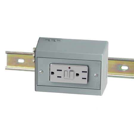 HUBBELL WIRING DEVICE-KELLEMS Complete Unit- GFCI with 5A Circuit Breaker, Horizontal, 1) 15A 125V, 2-Pole 3-Wire Grounding, 5-15R, Gray DRUBGFI15HCB5